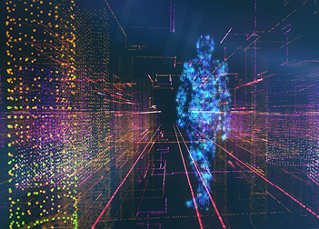 Man outlined in blue cyber images walks through internet