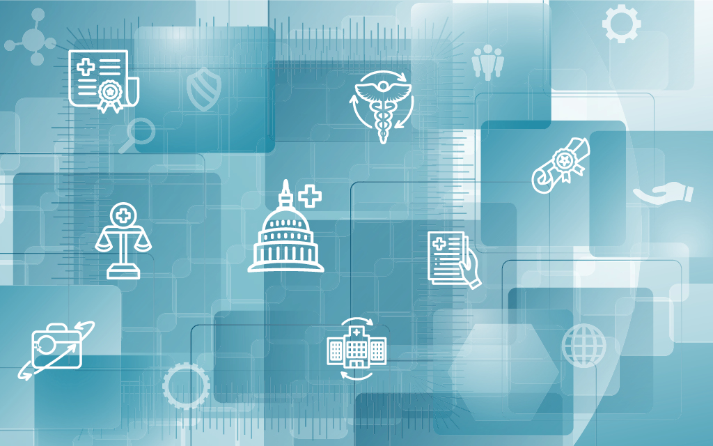 Stock photo, blue with white icons