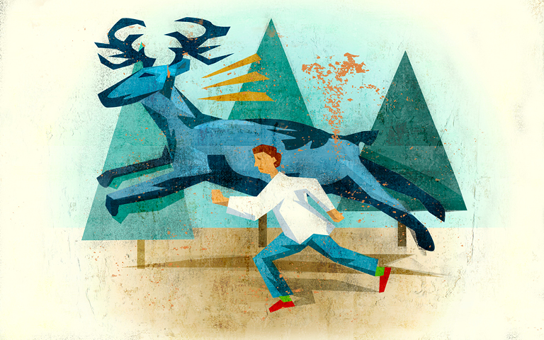 Jan 2020 - Bouncing Back, man running with deer behind