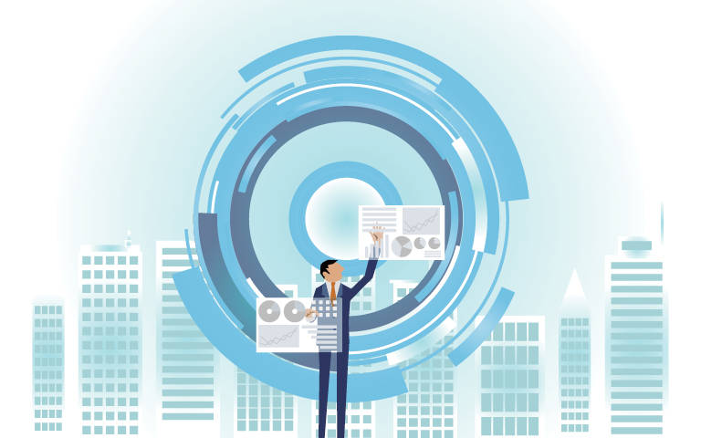 Blue illustration man touching multiple screens