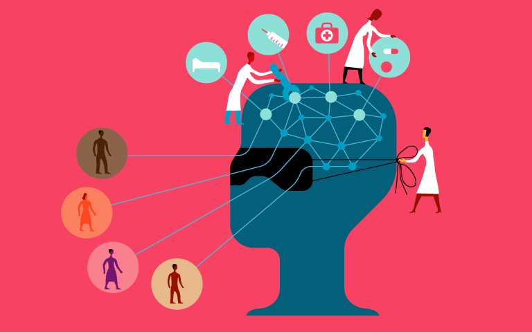 Illustration - blue head, doctors examining, pink background