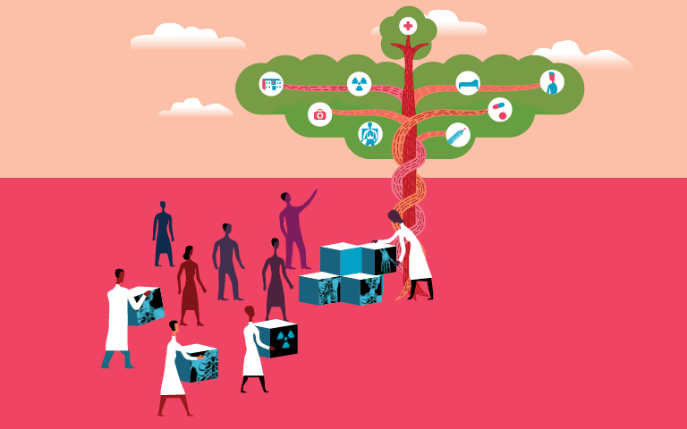 Doctors helping patients over barriers to health equity to reach into tree to pick health equity fruits