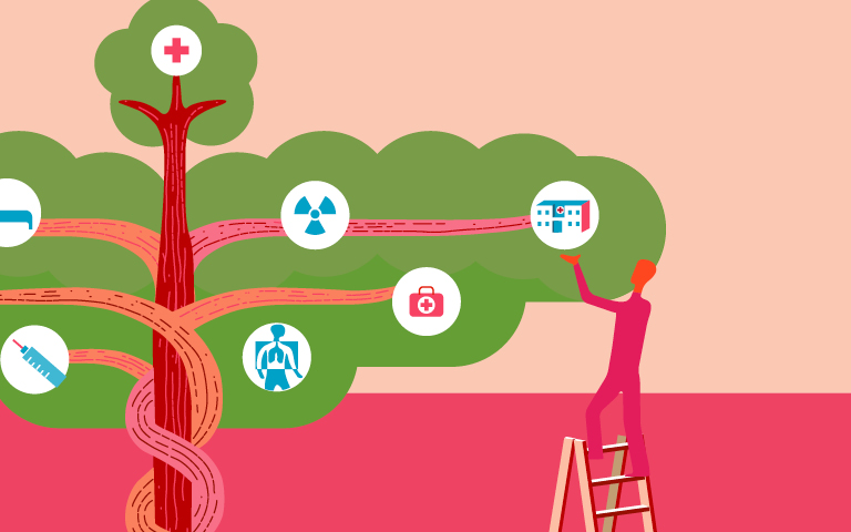 Figure on ladder picking health equity fruit from tree