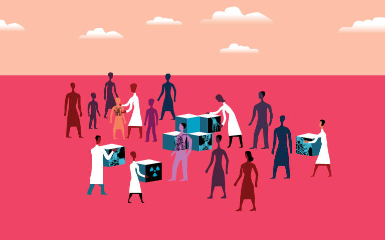 Doctors helping patients over barriers to health equity, pink background