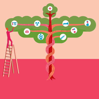 Illustration - figure reaching to pick health equity fruits from tree - tile