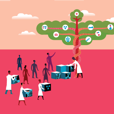 Illustration - doctors helping patients reach health equity fruit in trees - tile