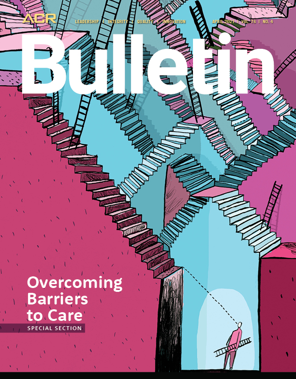 Cover of April issue - man with ladder looking up at insurmountably steep stairs