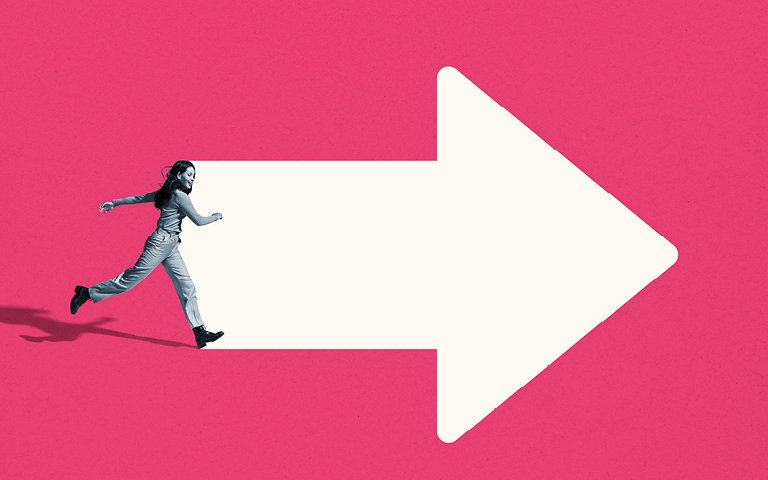 White arrow  pink background girl running in direction of arrow (right)