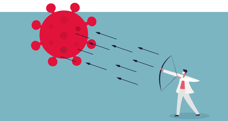 Illustrated person shooting arrow at large red COVID molecule