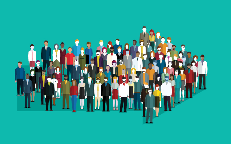 illustration: group of people forming and arrow