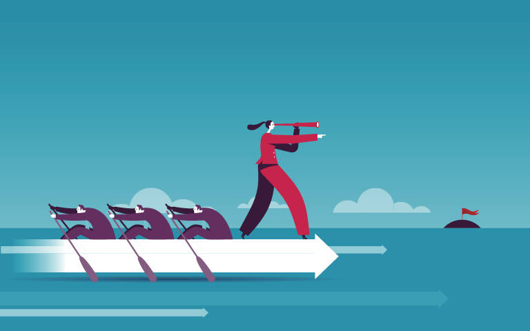 illustration — people on boat, leader with telescope