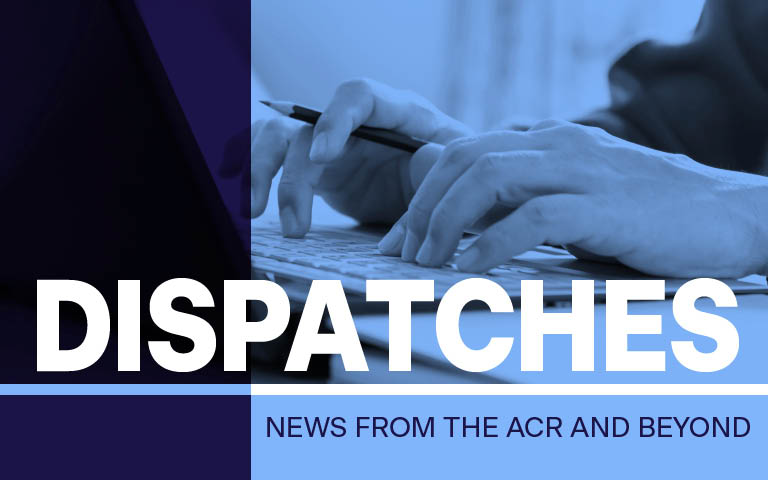 Photo collage: hands at keyboard typing. Word dispatches is overlayed