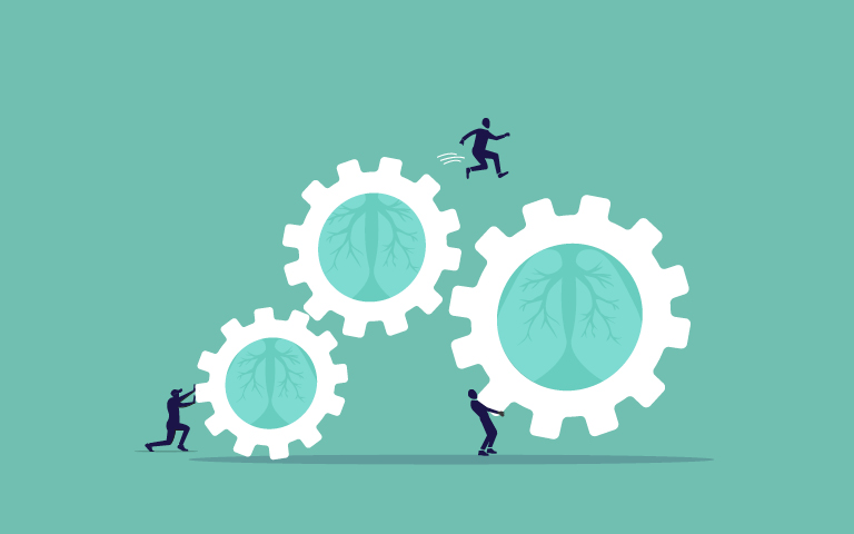 Illustration; little People turning large gears containing lungs