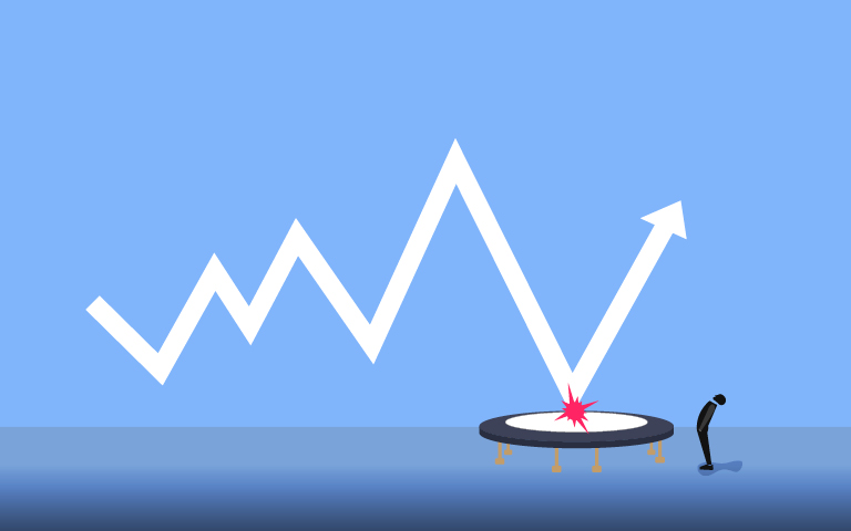 Illustration: Person looking up at bar graph error bouncing off trampoline