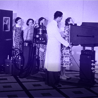 Vintage photo of women lining up for mammgram