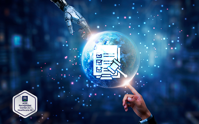 Ai Generated image of robot hand reaching for human hand with graphic representing guidelines