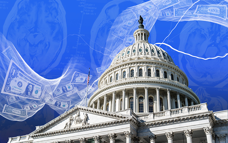 photo collage of U.S. Capitol, money, brain scans — representing advocacy in radiology