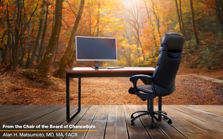 AI generated photo: desk and office chair on deck autumn day