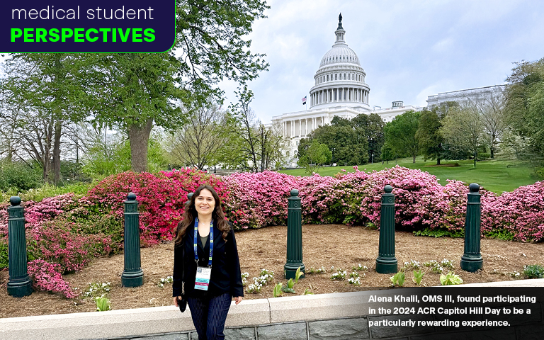 photo of Alena Khalil, OMS III, in from of the U.S. Capitol