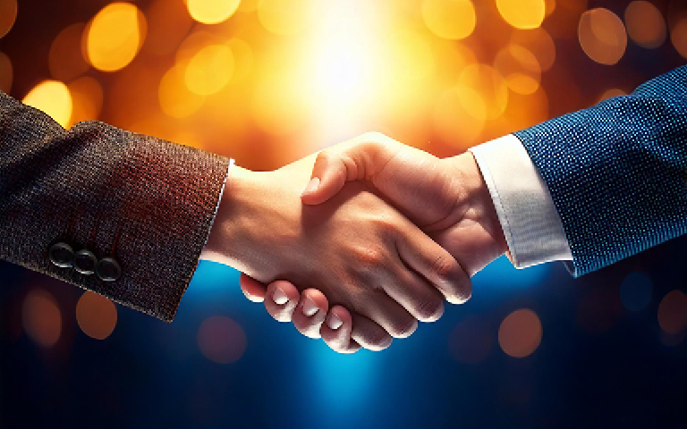 AI Generated image of a closeup handshake with blurry lights and lens flare