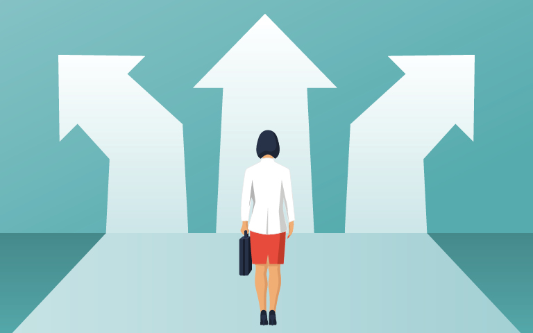 Illustration, woman looking at path/arrows