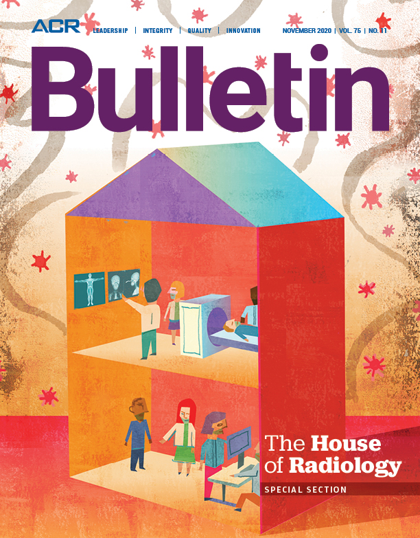 Illustrated "House of Radiology" with patients & doctors in rooms